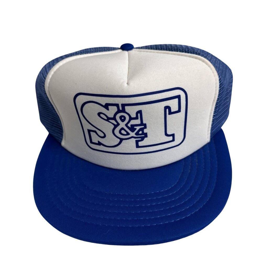 Vintage S and T Blue and White Trucker Snapback Hat Cap